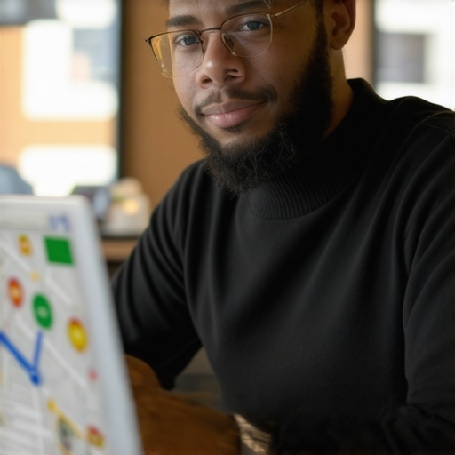 Business owner refining Google Business profile with local map and review elements
