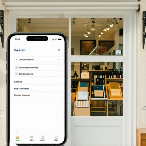 Small shop's storefront with a smartphone showing local search snippets emphasizing visual and voice search strategies.