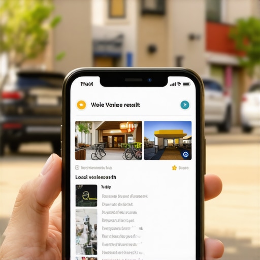 Smartphone screen showing local business search results with voice command interface.