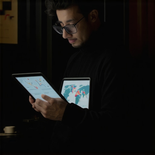 Shop owner using a tablet to review local SEO analytics with visual data and maps.