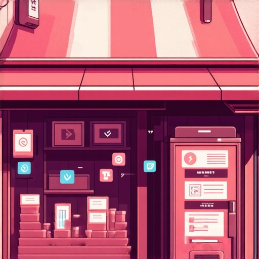 Concept art showing a small store with digital marketing signals and AI analytics overlays.