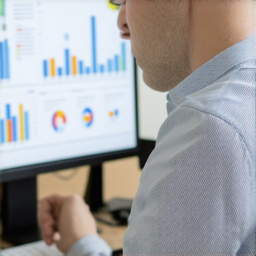 Small shop owner reviewing local SEO analytics on a laptop with charts and graphs