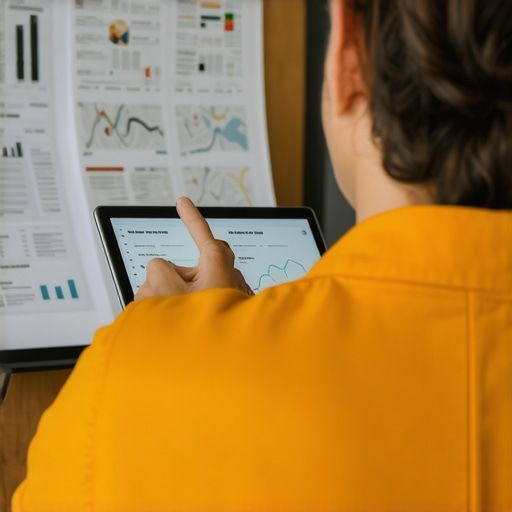 A business owner examining local SEO analytics and maps on a digital tablet.