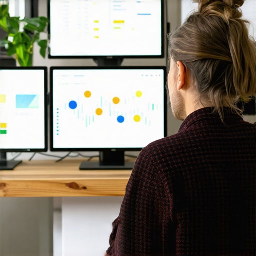 Small business owner reviewing comprehensive SEO analytics dashboards.