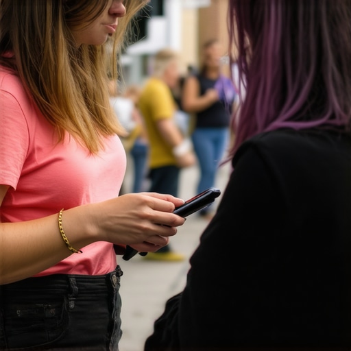 Residents using digital devices, analyzing local market data in a lively neighborhood.