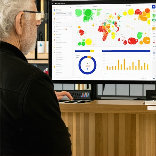 Local Data Analytics Dashboard for Small Retailers Retail owner reviewing neighborhood consumer behavior analytics on screen.