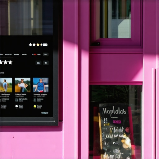 Bustling neighborhood storefront with active customer interactions and digital review displays.